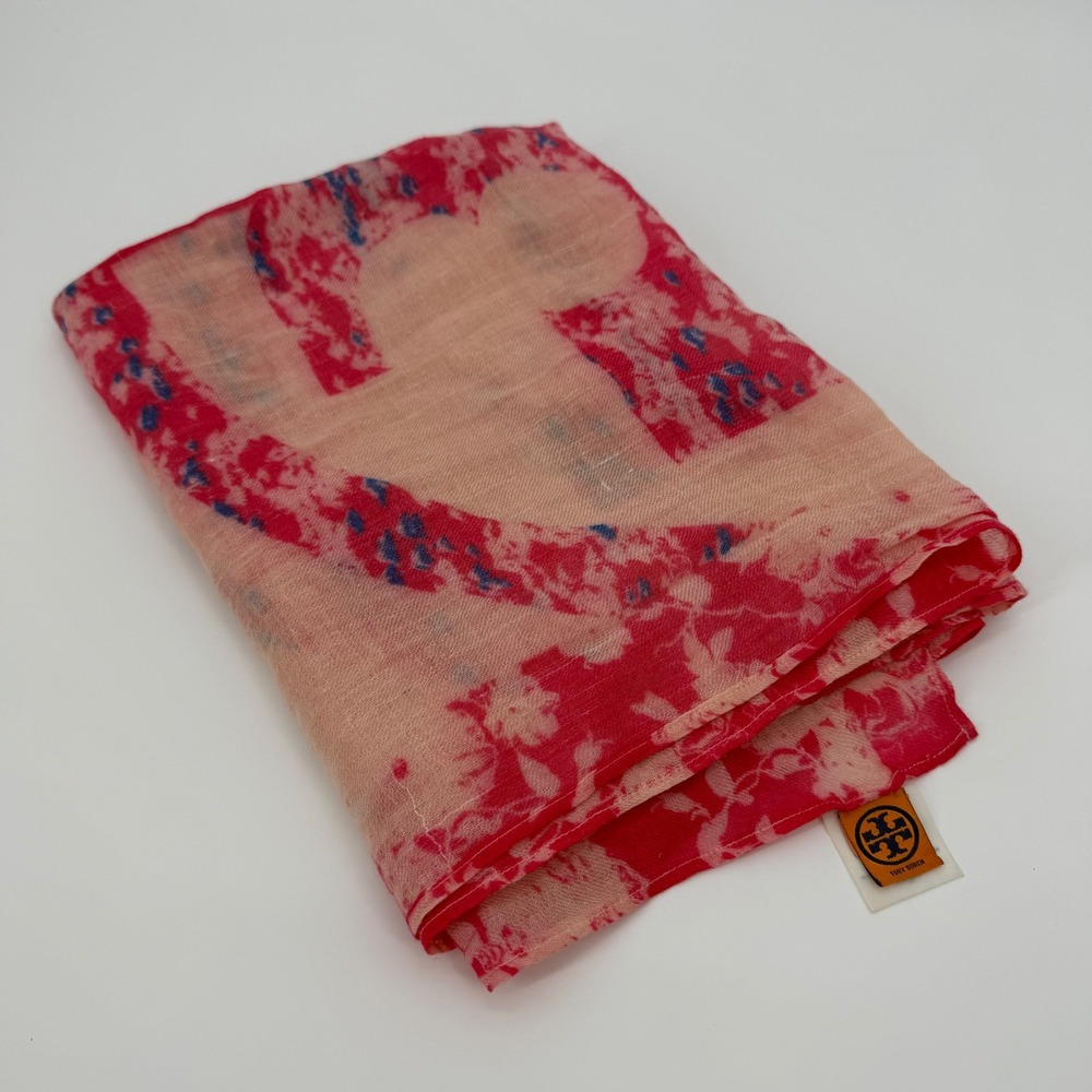 Tory Burch Oversized Wool Silk Scarf Pink Floral Logo Wrap Luxury